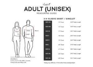 Adult (Unisex) 3 quarter sleeve & Singlet Size Chart